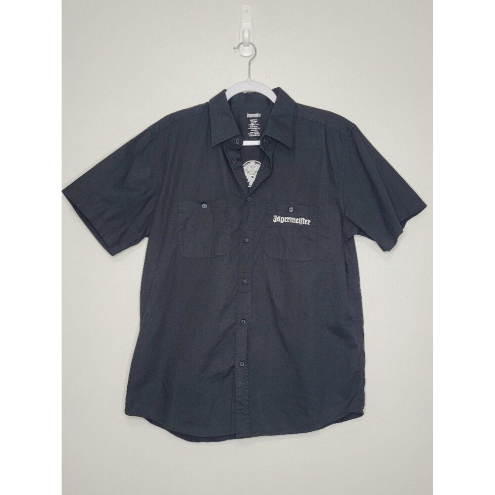 Jägermeister black button front brand logo short sleeve work shirt medium
